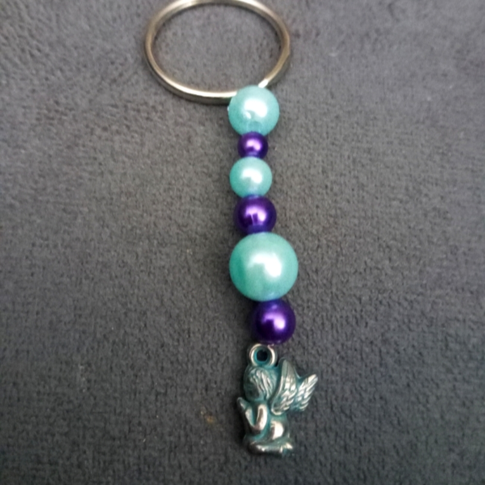 Hand Crafted Angel silver plated Keychain key holder with pearls aqua Blue
